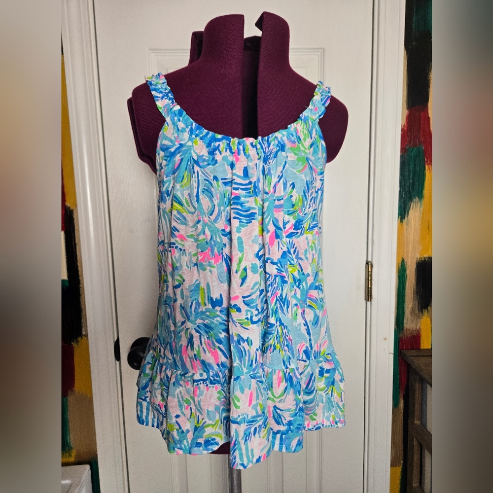 Lilly Pulitzer Floral Beachy Loro Top In Blue Ibiza Cabana Cocktail XS